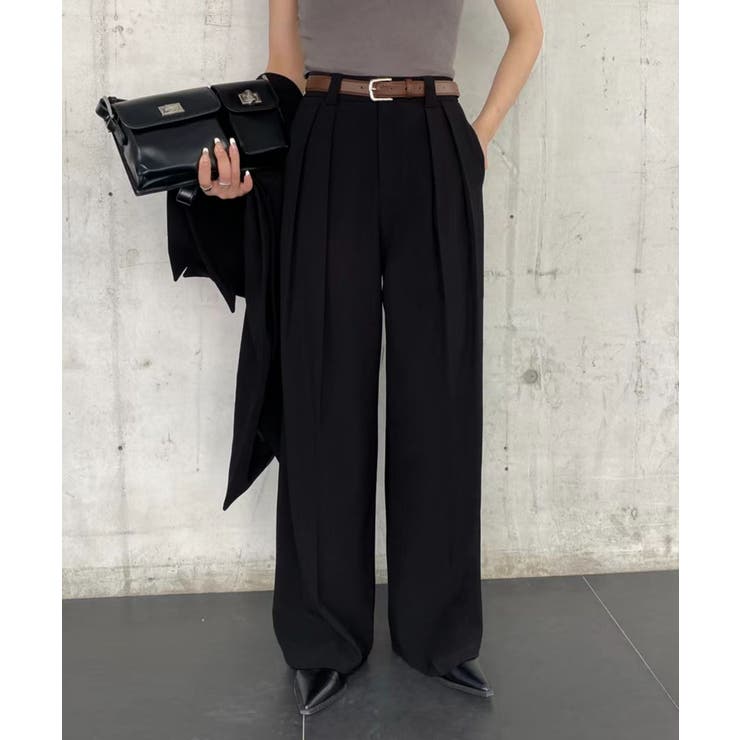 ブラック | ストレート ダブルタック ワイドパンツ | aimoha 