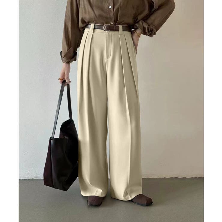 ベージュ | ストレート ダブルタック ワイドパンツ | aimoha 