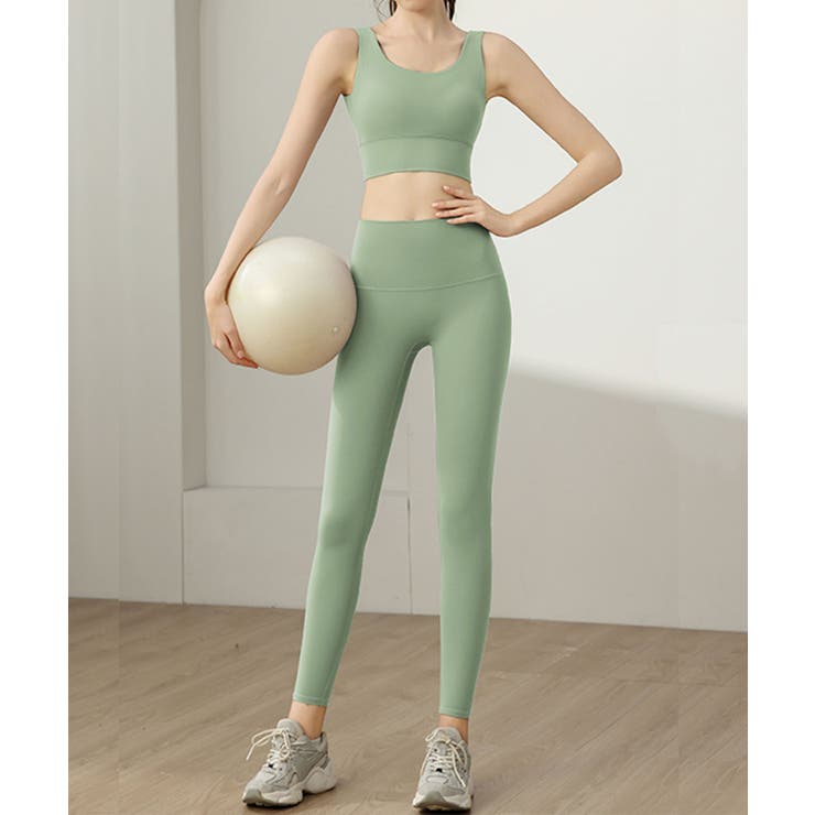 グリーン | ヨガウェアタンクトップ+ハイウエストレギンス 上下セットアップ | aimoha 