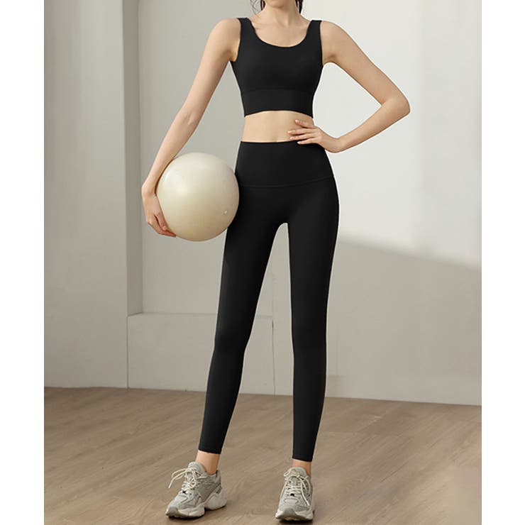 ブラック | ヨガウェアタンクトップ+ハイウエストレギンス 上下セットアップ | aimoha 