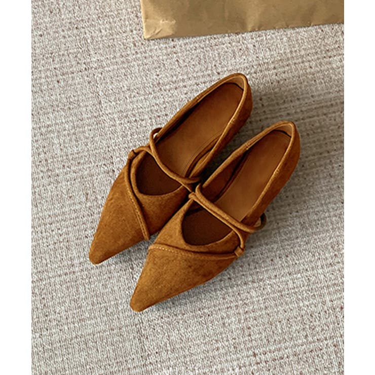 ブラウン | ストラップデザインポインテッドトゥフラットシューズ | aimoha 