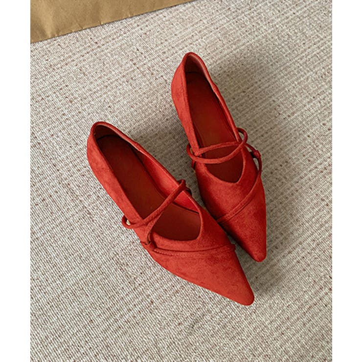 レッド | ストラップデザインポインテッドトゥフラットシューズ | aimoha 