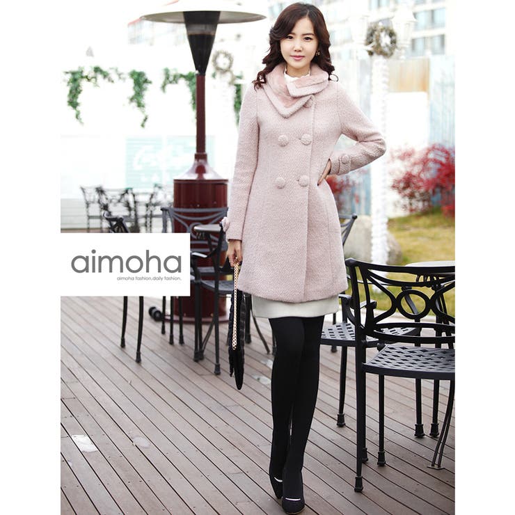 裏起毛素材で共布ボタンが可愛い襟巻風の襟が上品なきれいめお嬢様