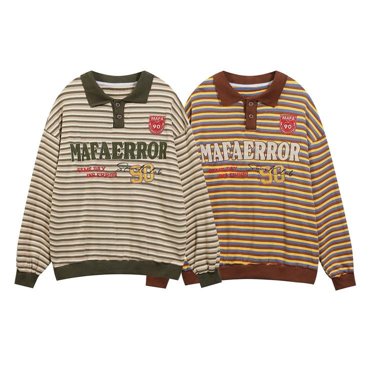 HOOK select アメカジヴィンテージ風プリントポロ襟ボーダースウェット