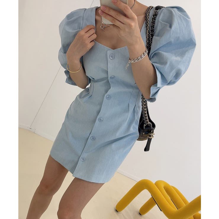 スクエアネックパワショルミニワンピース 韓国ファッション ハイウエスト | aimoha  | 詳細画像2 