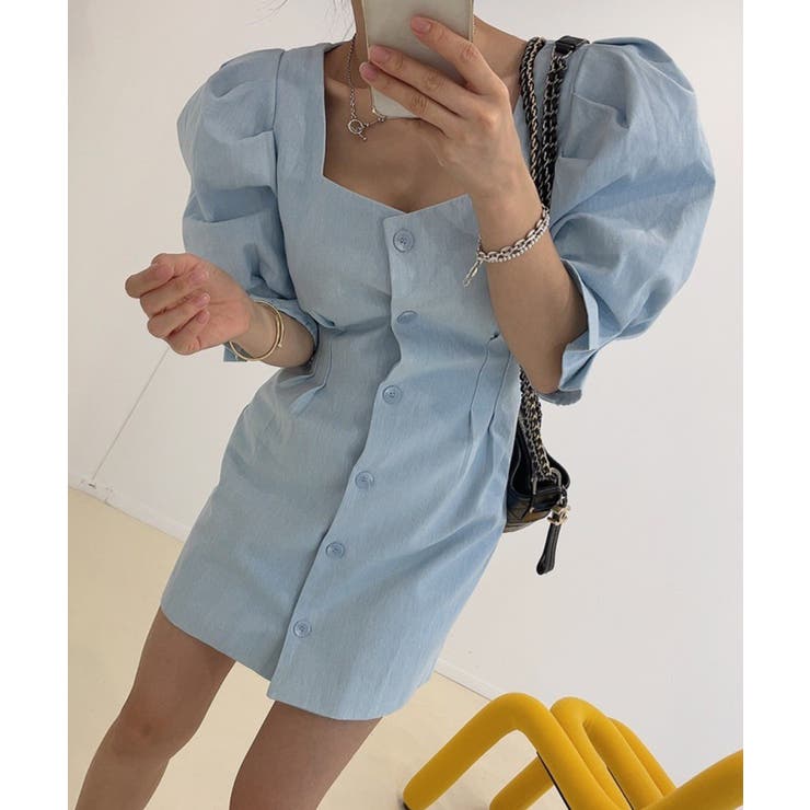 スクエアネックパワショルミニワンピース 韓国ファッション ハイウエスト | aimoha  | 詳細画像3 