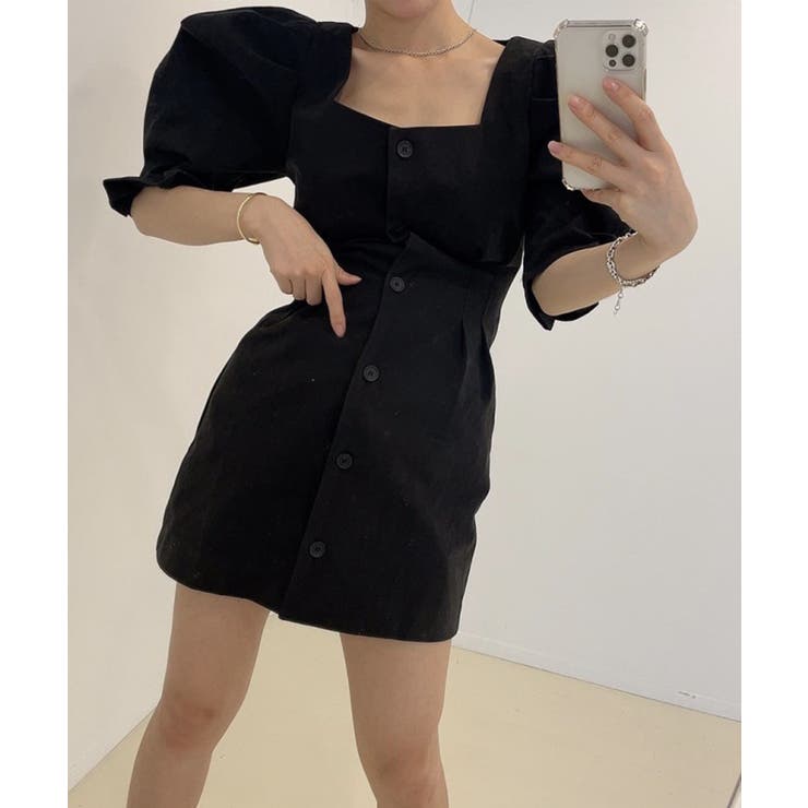 スクエアネックパワショルミニワンピース 韓国ファッション ハイウエスト | aimoha  | 詳細画像5 