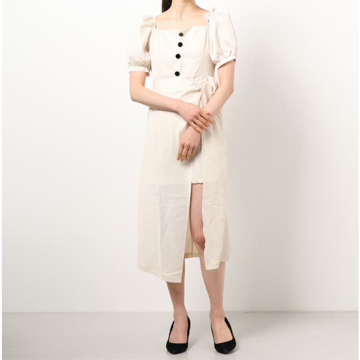 スクエアネック半袖パフスリーブひざ丈ワンピース 韓国