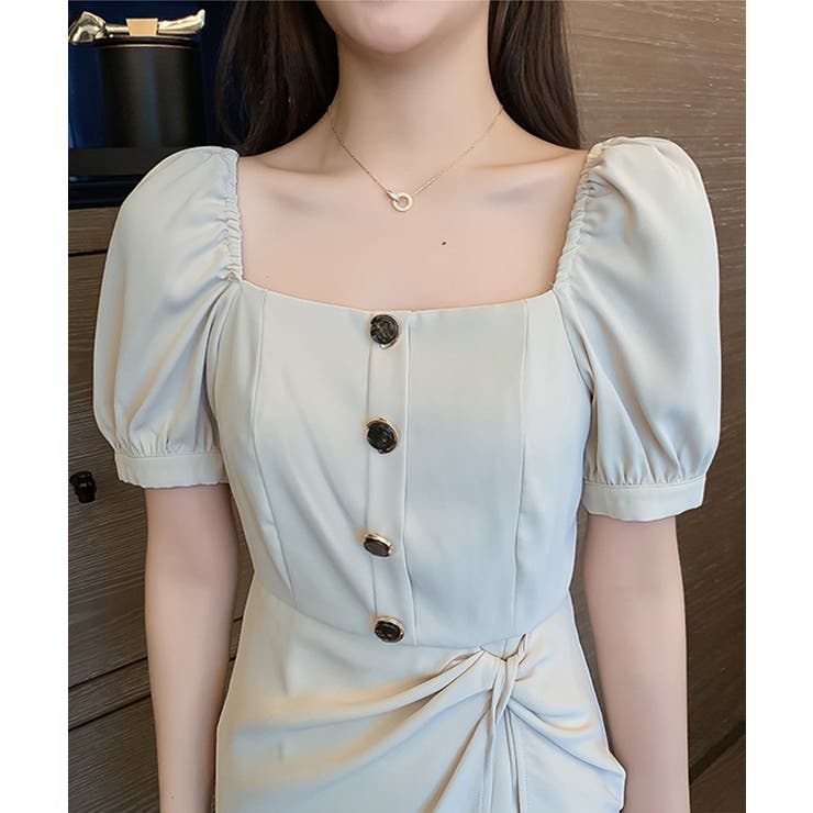 スクエアネック半袖パフスリーブひざ丈ワンピース 韓国ファッション ハイウエスト 品番 Xt Aimoha アイモハ のレディースファッション通販 Shoplist ショップリスト