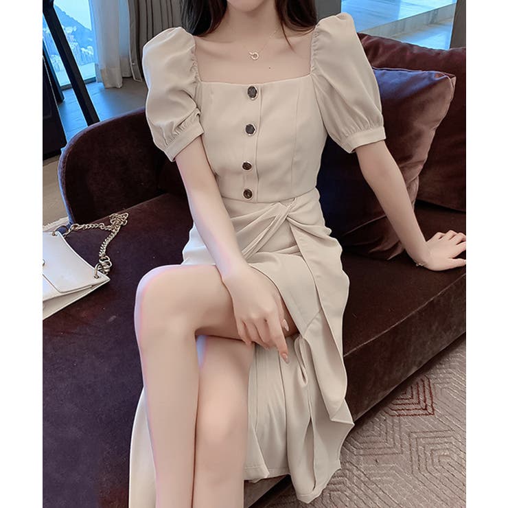 スクエアネック半袖パフスリーブひざ丈ワンピース 韓国