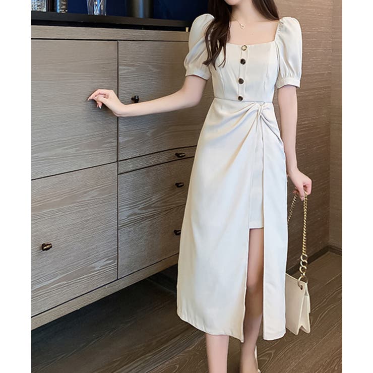 スクエアネック半袖パフスリーブひざ丈ワンピース 韓国ファッション ハイウエスト 品番 Xt Aimoha アイモハ のレディースファッション通販 Shoplist ショップリスト