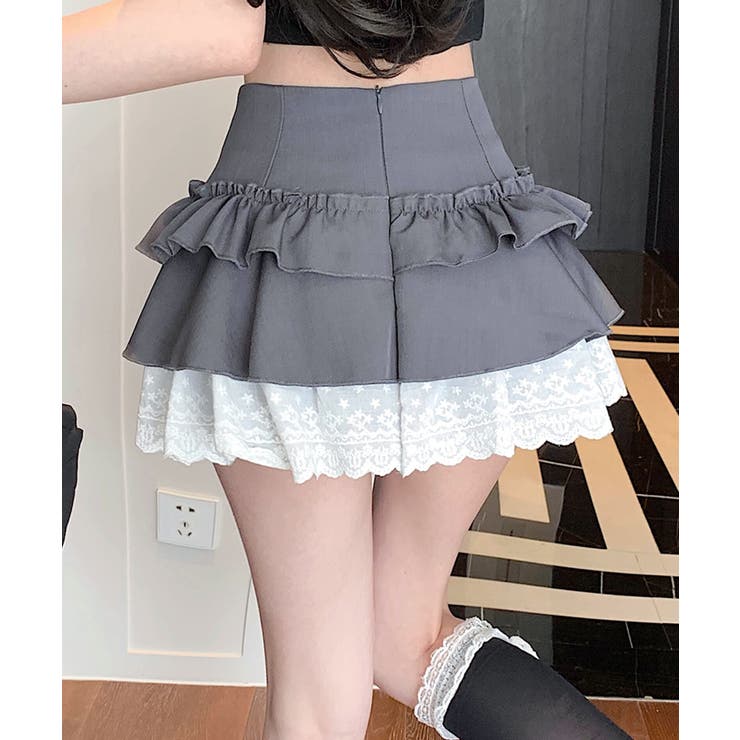 HOOK】for girls レース切替フリルティアードミニスカート[品番
