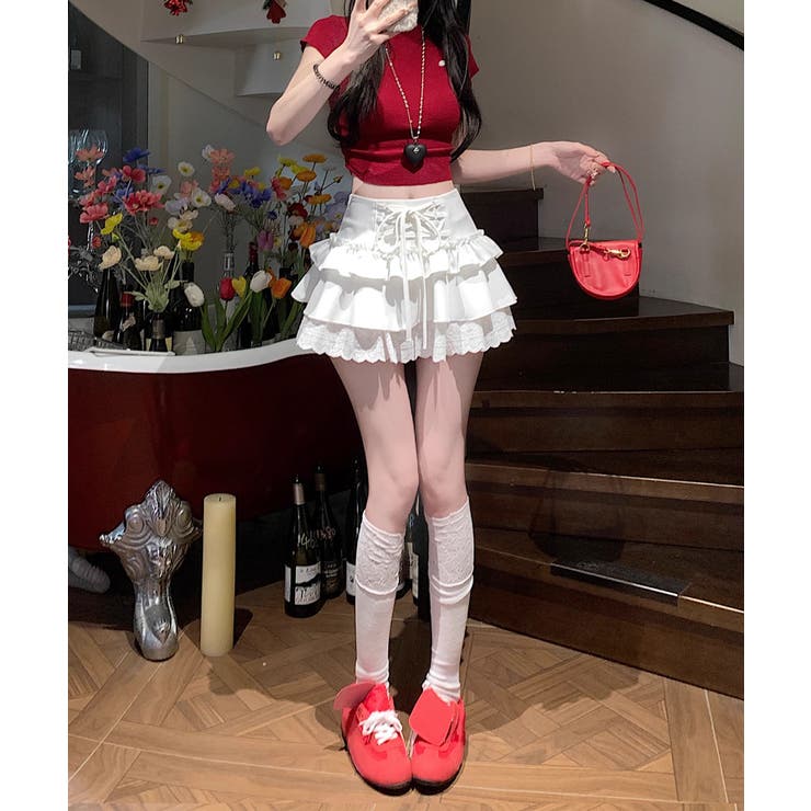 【お値下げ可】 pium レースアップフリルティアードミニスカート ピンク お値下げ可】 pium レースアップフリルティアードミニスカート