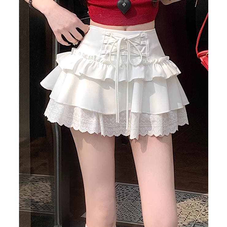 ホワイト | 【HOOK】for girls レース切替フリルティアードミニスカート | HOOK