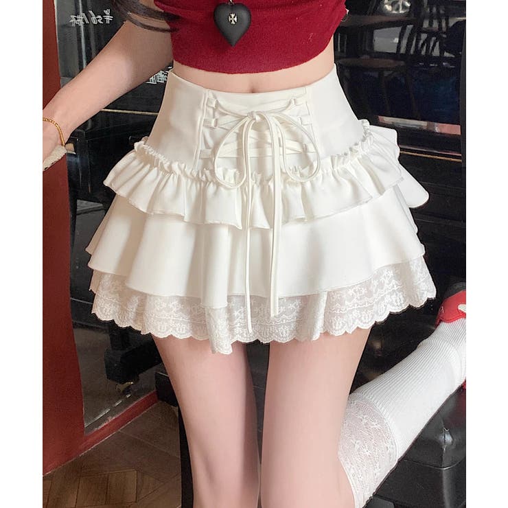 HOOK】for girls レース切替フリルティアードミニスカート[品番