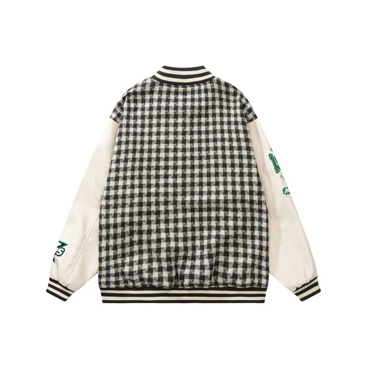 ブルゾンユニセックスアメカジワッペン刺繍チェック柄スタジャンジャケット | HOOK | 詳細画像2 