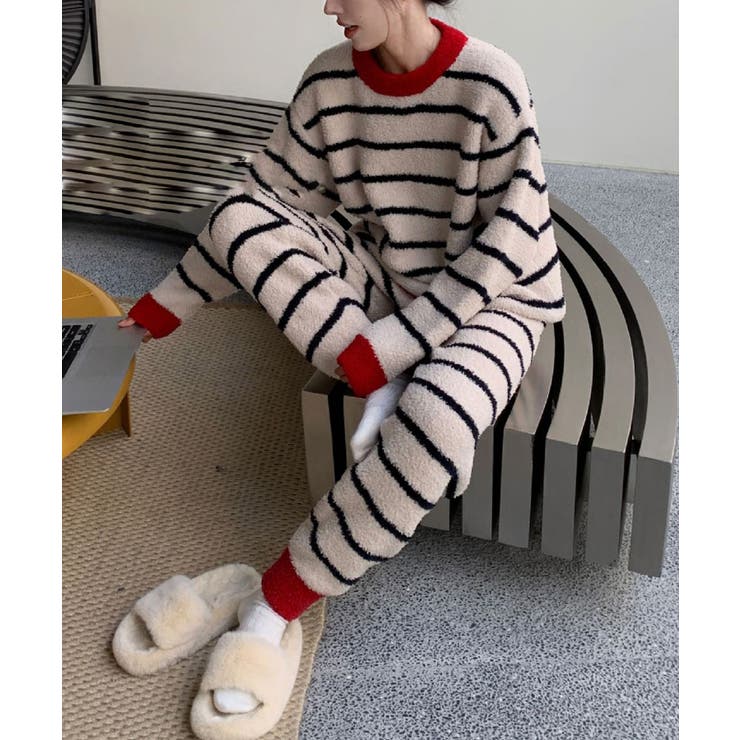 ベージュ | 2点セット 秋冬もこもこ長袖＆ロングパンツ 柄ルームウェア【AW】 | aimoha 