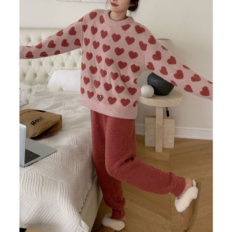 ピンク | 2点セット 秋冬もこもこ長袖＆ロングパンツ 柄ルームウェア【AW】 | aimoha 