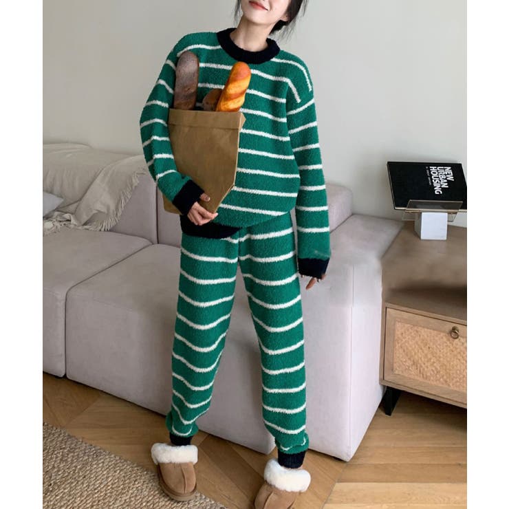 グリーン | 2点セット 秋冬もこもこ長袖＆ロングパンツ 柄ルームウェア【AW】 | aimoha 