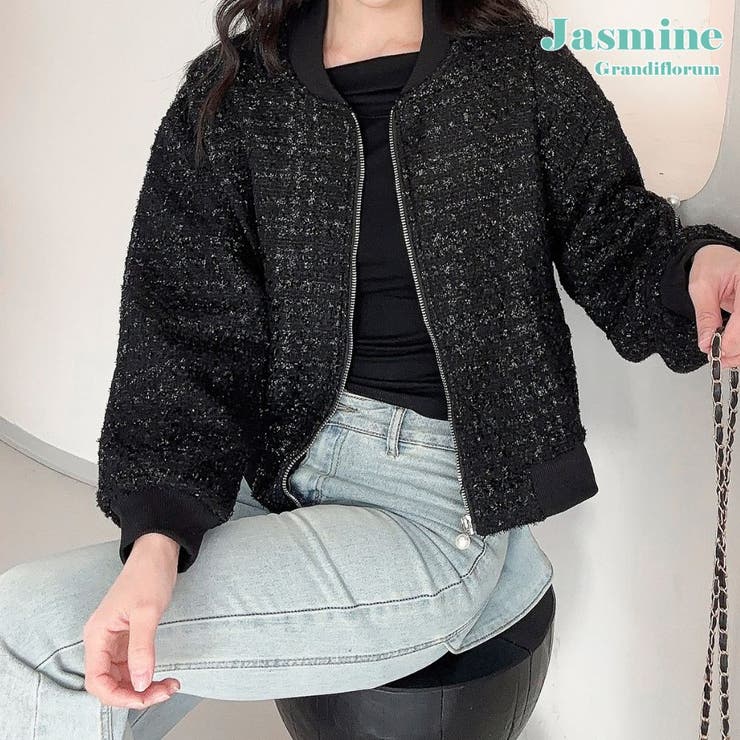 【Jasmine】ツイードショートジップブルゾン | aimoha  | 詳細画像1 