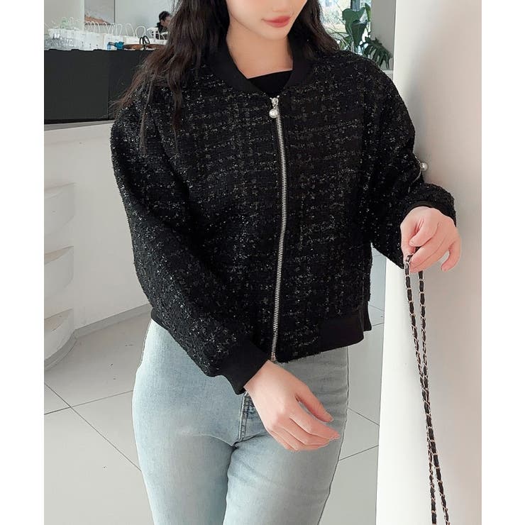 ブラック | 【Jasmine】ツイードショートジップブルゾン | aimoha 
