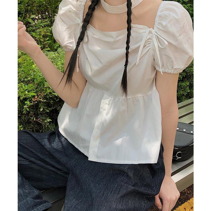 ホワイト | 【Jasmine】チョーカーリボンパフブラウス Jasmine Grandifl… | aimoha 