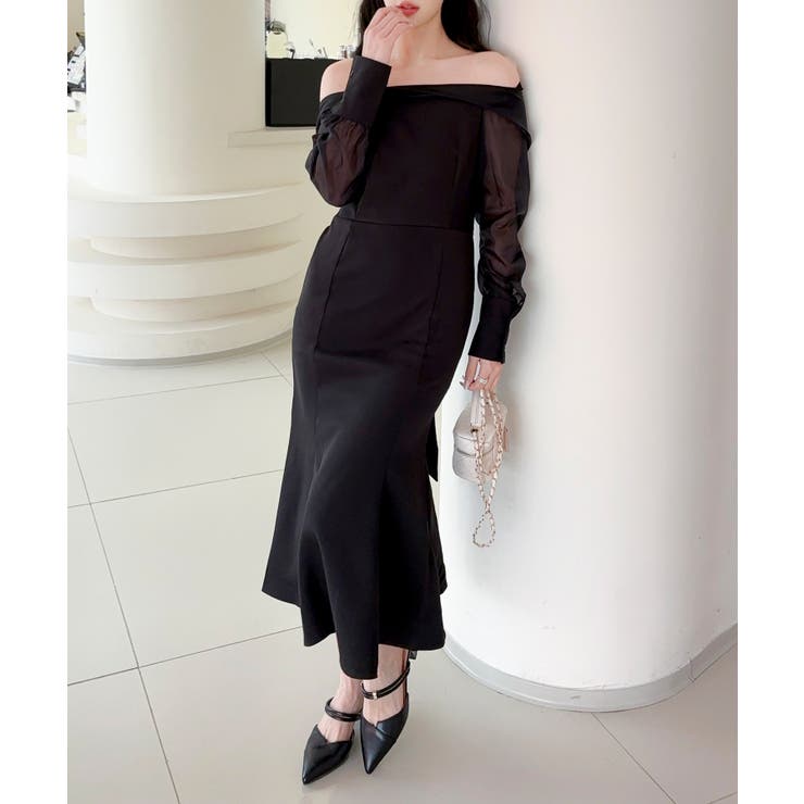 ブラック | 【Jasmine】オフショルチュールドッキングマーメイドワンピース | aimoha 