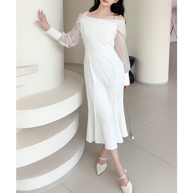 ホワイト | 【Jasmine】オフショルチュールドッキングマーメイドワンピース | aimoha 