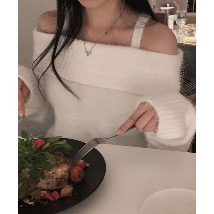 オフホワイト | 【Jasmine】オフショルダーニットプルオーバー | aimoha 