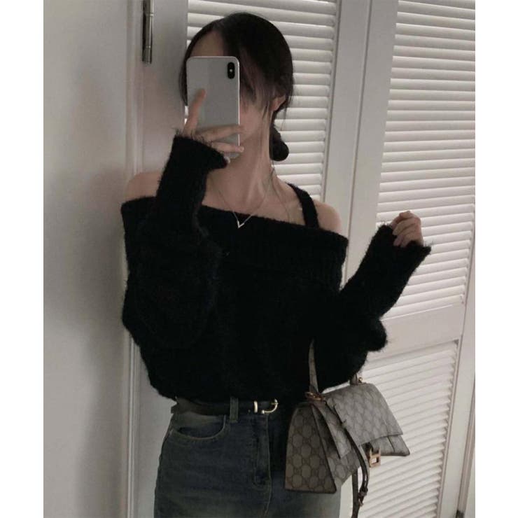 ブラック | 【Jasmine】オフショルダーニットプルオーバー | aimoha 