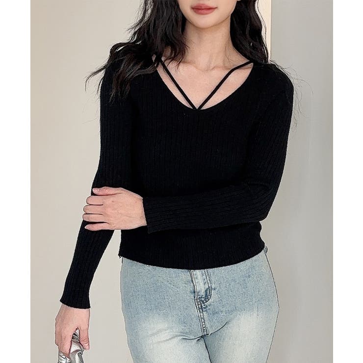 ブラック | リブ編みニットプルオーバー | aimoha 