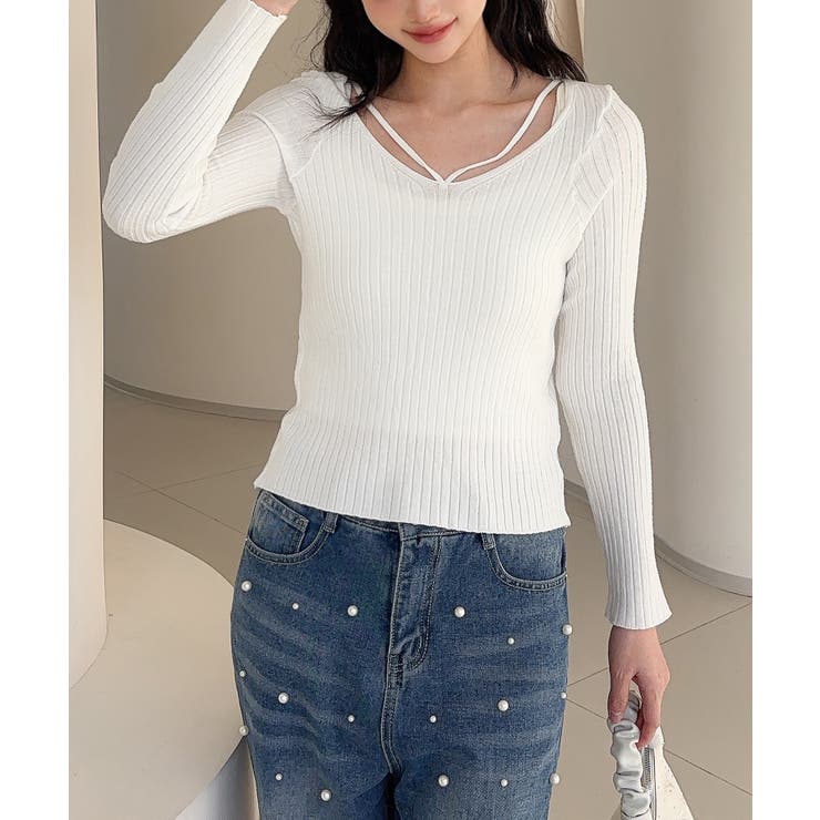 ホワイト | リブ編みニットプルオーバー | aimoha 