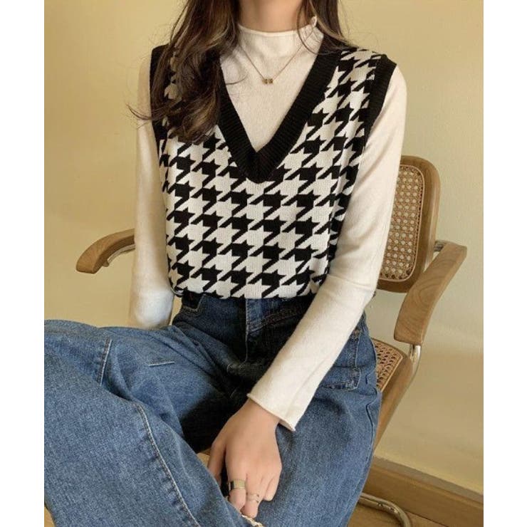 【Jasmine】千鳥柄ニットベスト Jasmine Grandiflorum | aimoha  | 詳細画像1 