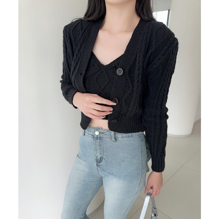 ブラック | 【Jasmine】ケーブル編みニットカーディガン+キャミソール Jasmine … | aimoha 