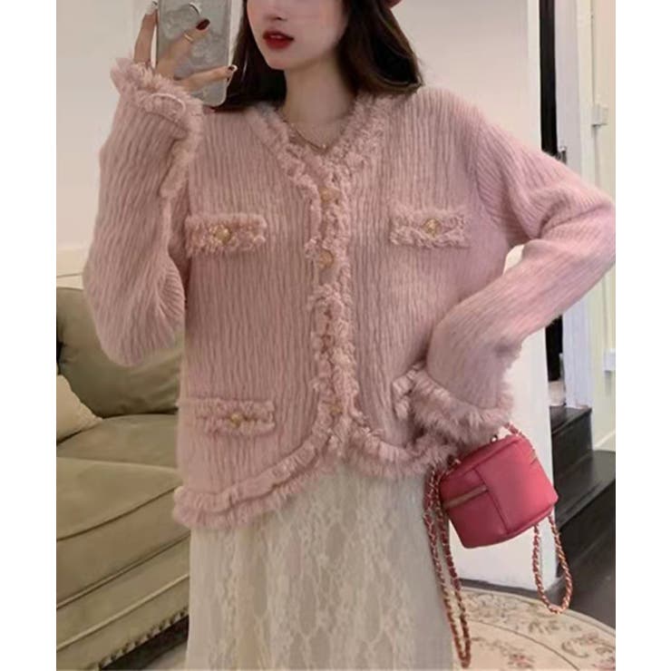 ピンク | 【Jasmine】ツイード風フリンジニットカーディガン Jasmine Gran… | aimoha 