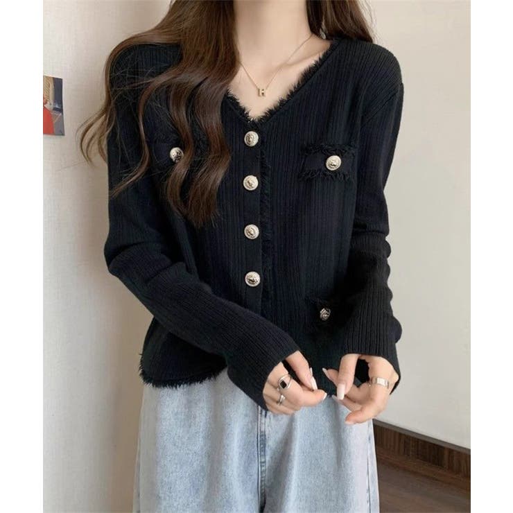 ブラック | 【Jasmine】ツイード風フリンジニットカーディガン Jasmine Gran… | aimoha 