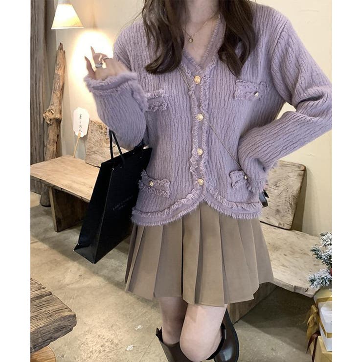 パープル | 【Jasmine】ツイード風フリンジニットカーディガン Jasmine Gran… | aimoha 