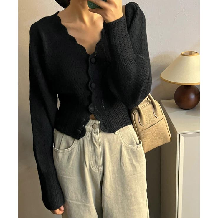 ブラック | ミニ丈パフカーディガン Jasmine Grandiflorum | aimoha 