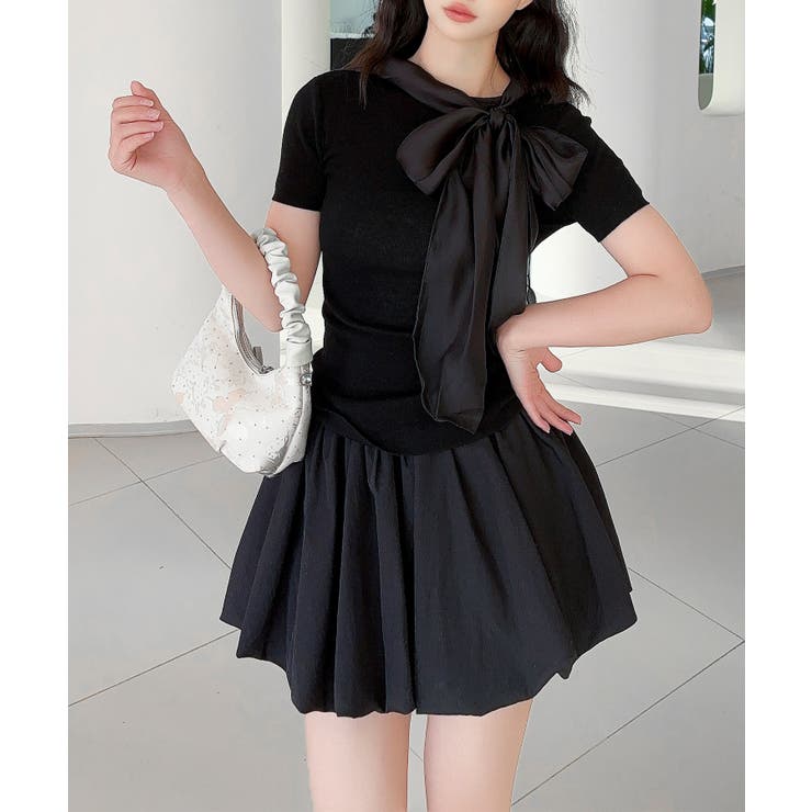 ブラック | 【Jasmine】リボンシアーニットトップス | aimoha 