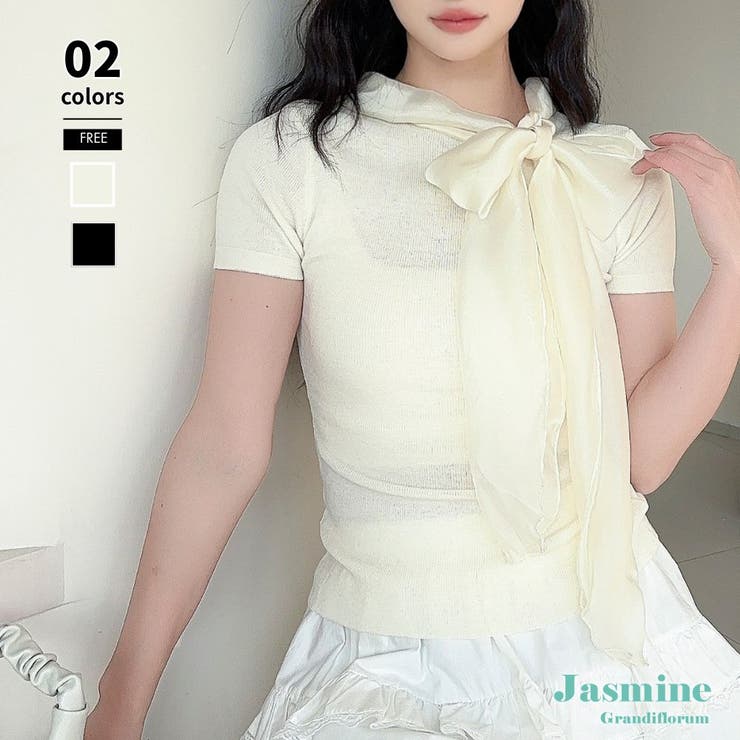 【Jasmine】リボンシアーニットトップス | aimoha  | 詳細画像1 