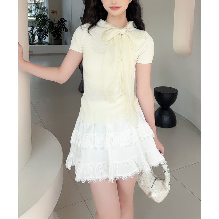 ライトベージュ | 【Jasmine】リボンシアーニットトップス | aimoha 