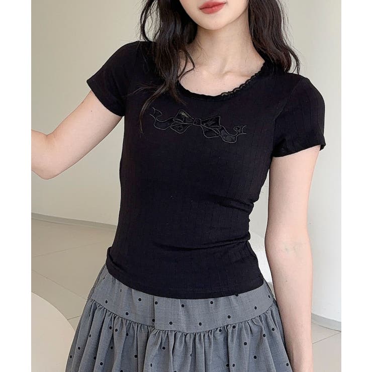 ブラック |  【Jasmine】カップ付き！レーススリムフィットTシャツ | aimoha 