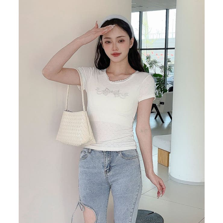  【Jasmine】カップ付き！レーススリムフィットTシャツ | aimoha  | 詳細画像5 