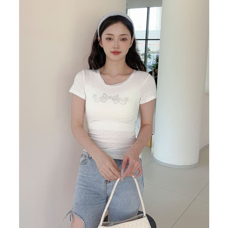  【Jasmine】カップ付き！レーススリムフィットTシャツ | aimoha  | 詳細画像6 