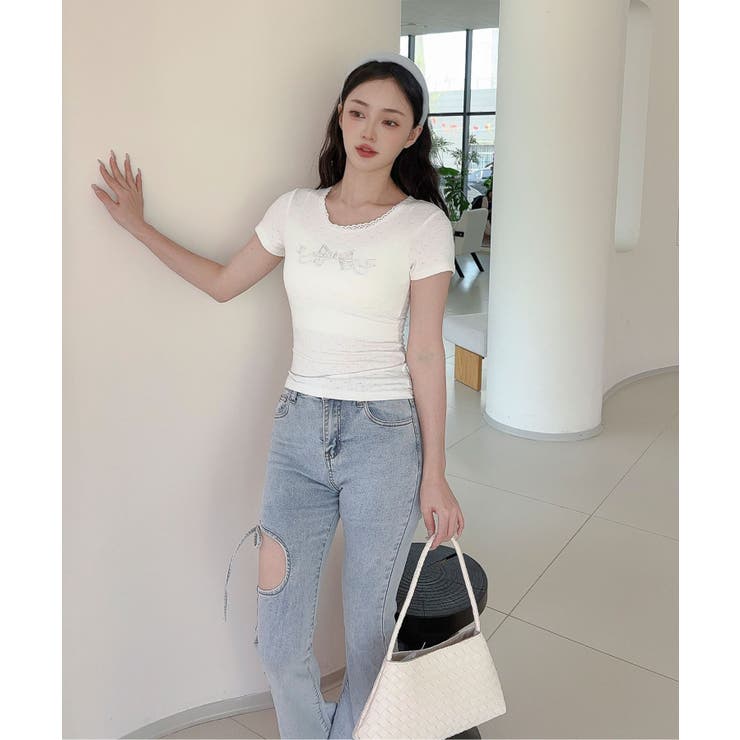  【Jasmine】カップ付き！レーススリムフィットTシャツ | aimoha  | 詳細画像7 
