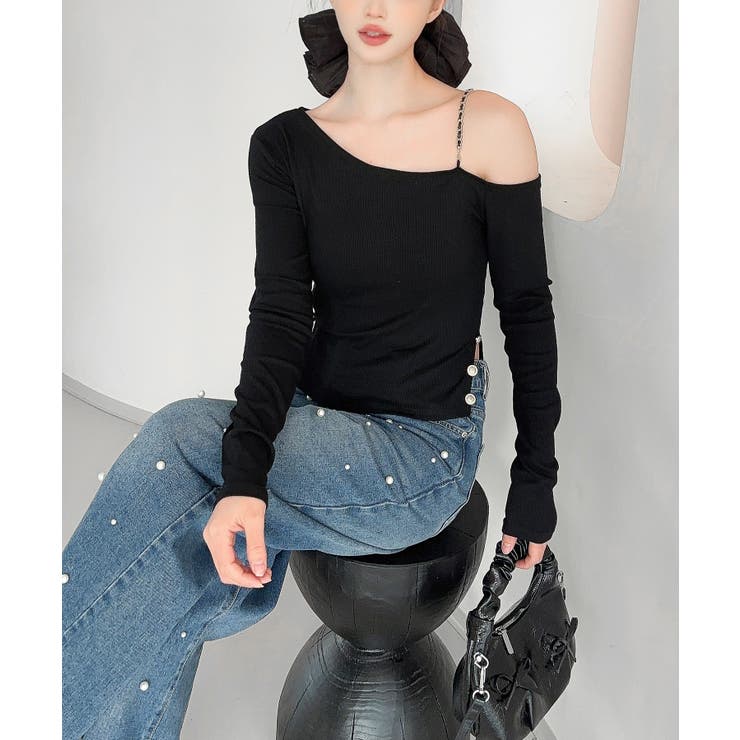 ブラック | 【Jasmine】アシメチェーンワンショルトップス | aimoha 