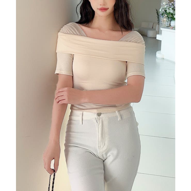 ライトベージュ | 【Jasmine】メッシュ切り替えオフショルTシャツ | aimoha 