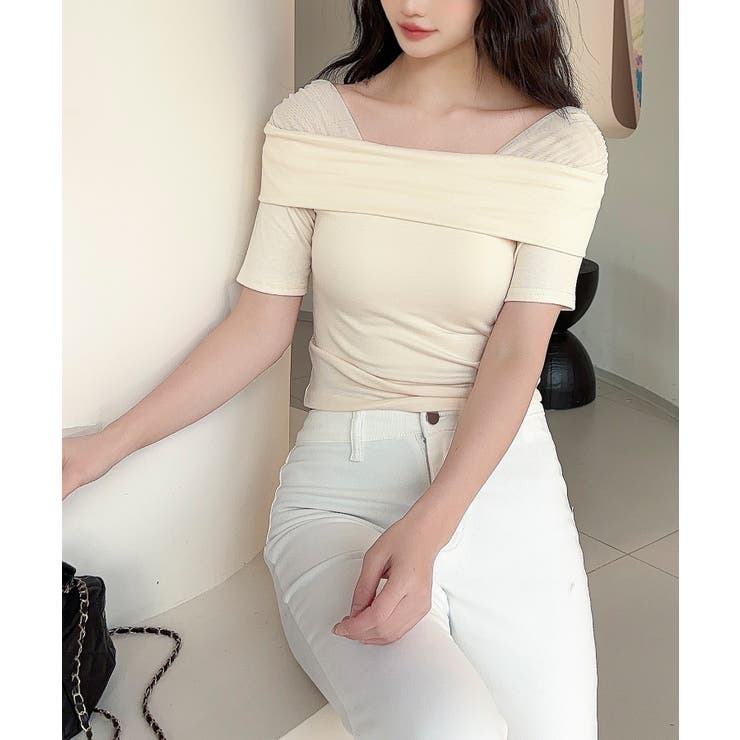 【Jasmine】メッシュ切り替えオフショルTシャツ | aimoha  | 詳細画像2 