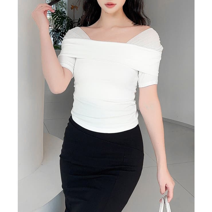 【Jasmine】メッシュ切り替えオフショルTシャツ | aimoha  | 詳細画像8 