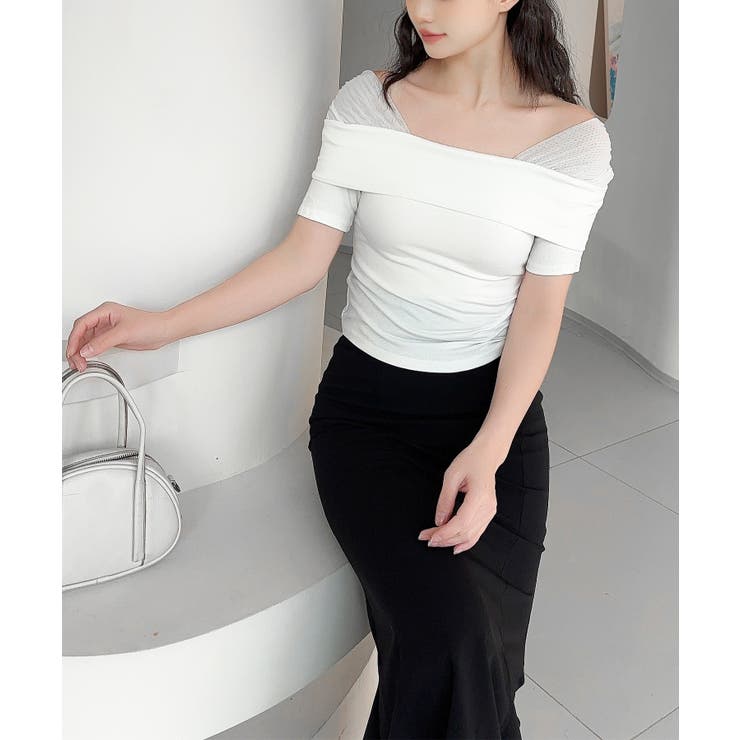 ホワイト | 【Jasmine】メッシュ切り替えオフショルTシャツ | aimoha 